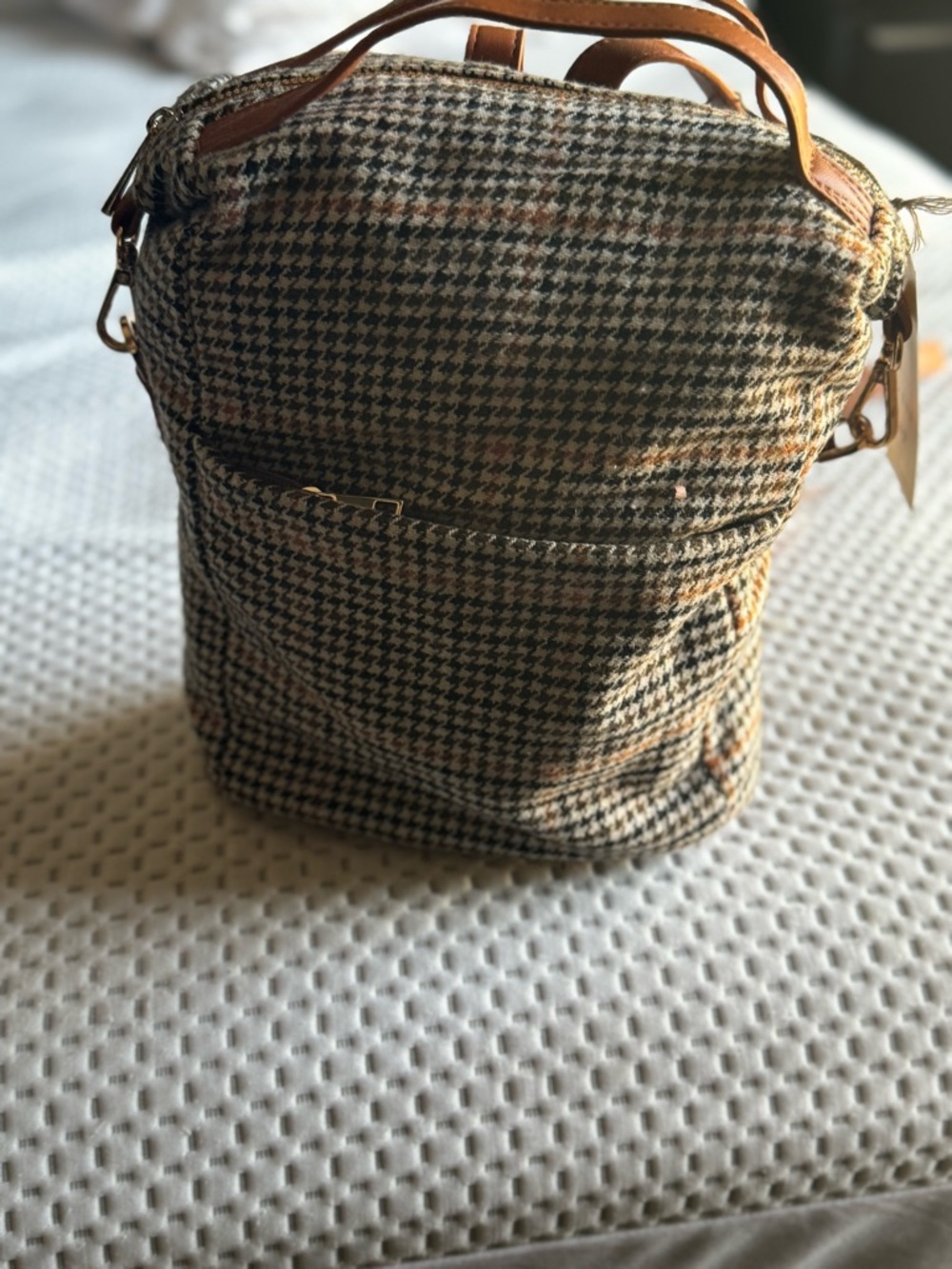 Classic Houndstooth Crossbody Bag with Tan Leather Trim